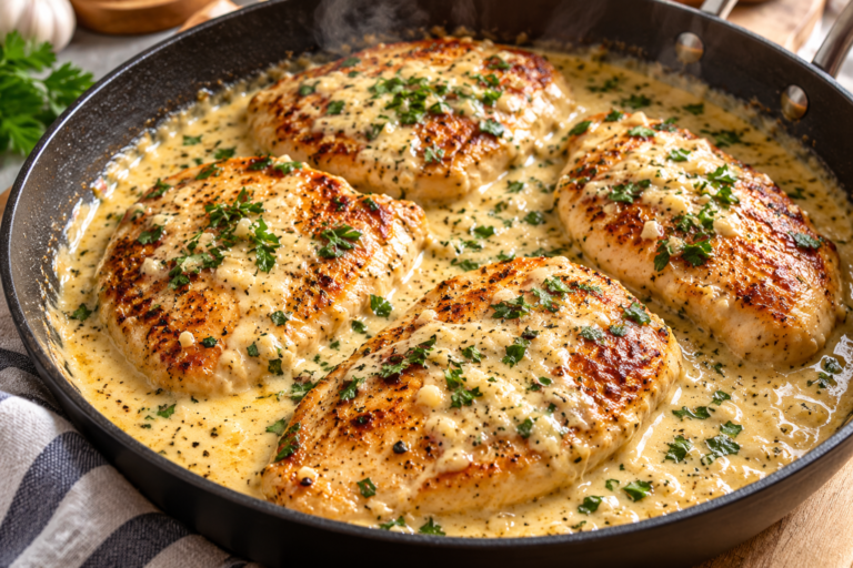 Golden-seared chicken cutlets in creamy garlic Parmesan sauce, garnished with fresh parsley.